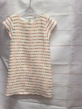 Sally Miller Cream Knit Shift Dress with Coral & Green Stripe Detail